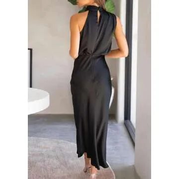 BZSFW Women's 2024 Summer Satin Dress Elegant Sleeveless Mock Neck Cocktail Party Maxi Dresses (Black, Medium)