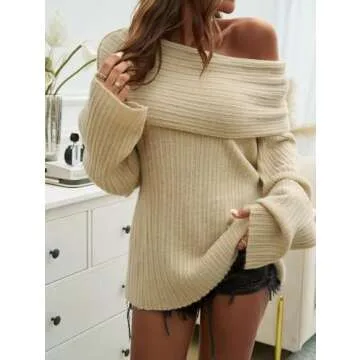 KAOBIO Women's 2025 Trendy Fall Off Shoulder Oversized Sweaters Casual Loose Long Sleeve Slouchy Pullover Tops Y2k Clothes (Beige,M)