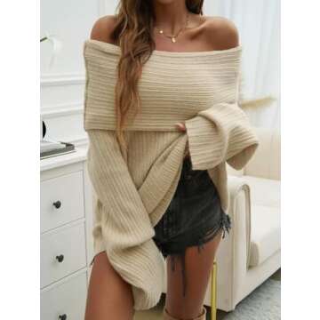 KAOBIO Women's 2025 Trendy Fall Off Shoulder Oversized Sweaters Casual Loose Long Sleeve Slouchy Pullover Tops Y2k Clothes (Beige,M)