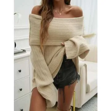 KAOBIO Women's 2025 Trendy Fall Off Shoulder Oversized Sweaters Casual Loose Long Sleeve Slouchy Pullover Tops Y2k Clothes (Beige,M)
