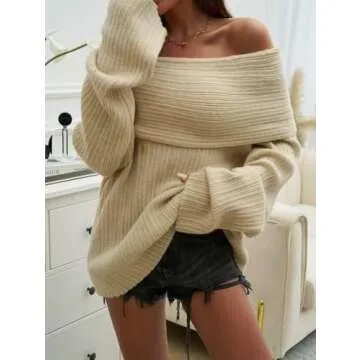 KAOBIO Women's 2025 Trendy Fall Off Shoulder Oversized Sweaters Casual Loose Long Sleeve Slouchy Pullover Tops Y2k Clothes (Beige,M)