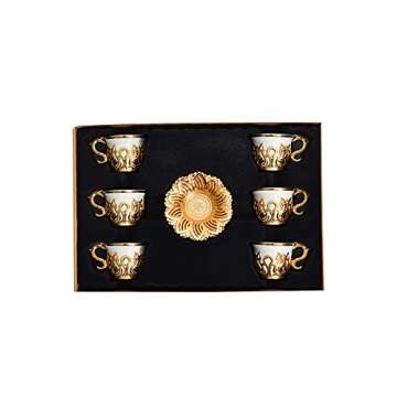 Luxury Turkish Porcelain Coffee Cups Set of 6 and Saucers - 4 oz. - Gold Espresso Cups Set, Greek Coffee, Demitasse Gift Coffee Cup For Women, Men, Adults, Housewarming, New Home Wedding Gifts (White)