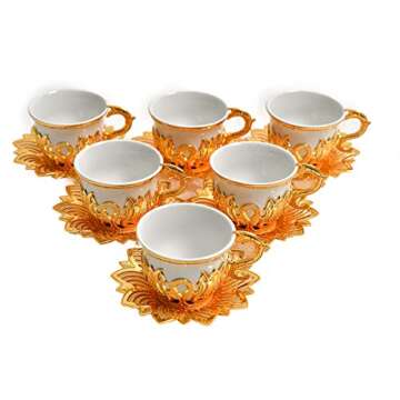 Luxury Turkish Porcelain Coffee Cups Set of 6 and Saucers - 4 oz. - Gold Espresso Cups Set, Greek Coffee, Demitasse Gift Coffee Cup For Women, Men, Adults, Housewarming, New Home Wedding Gifts (White)