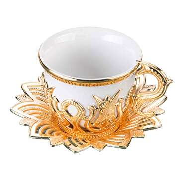 Luxury Turkish Porcelain Coffee Cups Set of 6 and Saucers - 4 oz. - Gold Espresso Cups Set, Greek Coffee, Demitasse Gift Coffee Cup For Women, Men, Adults, Housewarming, New Home Wedding Gifts (White)