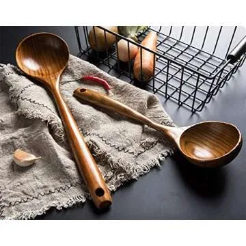 2 Pcs Wooden Spoon Ladle for Cooking Spoons-14 inch Long Kitchen Cooking Spoon & 11 inch Best Wood Spoons Large Deep Serving Spoons Soup Ladles Set