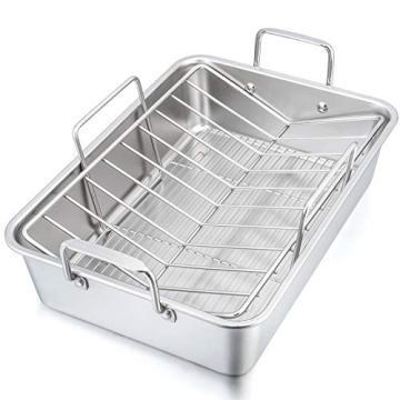 16” Roaster Roasting Pan with Baking Rack and V-shaped Rack, P&P CHEF Stainless Steel Rectangular ...