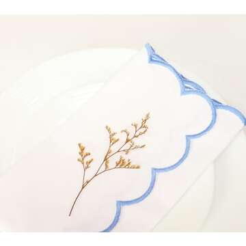 PurpleEssences Scalloped Embroidery Cloth Napkins Table Decor Spring Summer Easter 100% Cotton Set o...