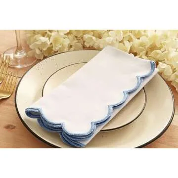 PurpleEssences Scalloped Embroidery Cloth Napkins Table Decor Spring Summer Easter 100% Cotton Set of 4-18 x 18 inch - White - Edges - Light Blue