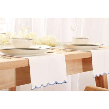 PurpleEssences Scalloped Embroidery Cloth Napkins Table Decor Spring Summer Easter 100% Cotton Set of 4-18 x 18 inch - White - Edges - Light Blue