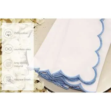 PurpleEssences Scalloped Embroidery Cloth Napkins Table Decor Spring Summer Easter 100% Cotton Set of 4-18 x 18 inch - White - Edges - Light Blue
