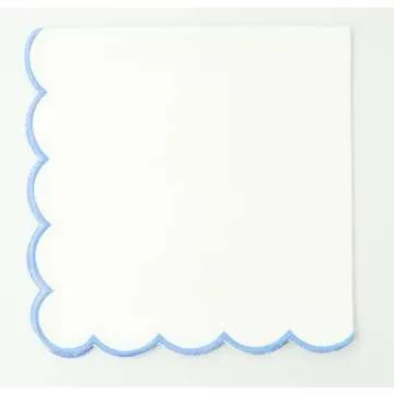 PurpleEssences Scalloped Embroidery Cloth Napkins Table Decor Spring Summer Easter 100% Cotton Set of 4-18 x 18 inch - White - Edges - Light Blue