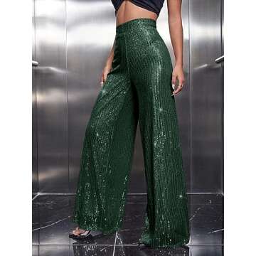 Sparkle Sequin Wide Leg Pants for Women in Dark Green