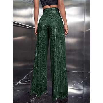 Sparkle Sequin Wide Leg Pants for Women in Dark Green