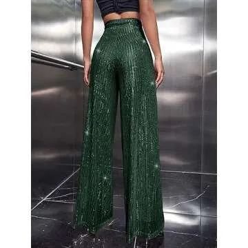 Sparkle Sequin Wide Leg Pants for Women in Dark Green