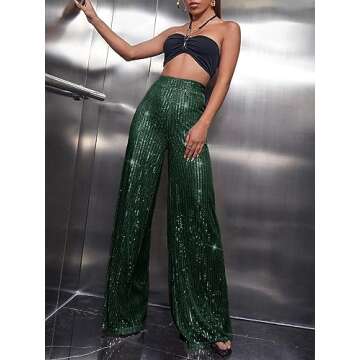 Sparkle Sequin Wide Leg Pants for Women in Dark Green