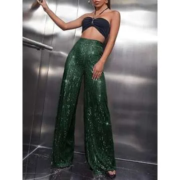 Sparkle Sequin Wide Leg Pants for Women in Dark Green