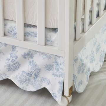 Brandream French Country Toile Crib Skirt, Baby Girl Gender Neutral Crib Skirt Scalloped Toddler Bedskirt Vintage Blue Toile Floral Print 100% Cotton Farmhouse Chic Nursery Crib Bed Skirt