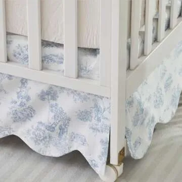 Brandream French Country Toile Crib Skirt, Baby Girl Gender Neutral Crib Skirt Scalloped Toddler Bedskirt Vintage Blue Toile Floral Print 100% Cotton Farmhouse Chic Nursery Crib Bed Skirt