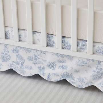 Brandream French Country Toile Crib Skirt, Baby Girl Gender Neutral Crib Skirt Scalloped Toddler Bedskirt Vintage Blue Toile Floral Print 100% Cotton Farmhouse Chic Nursery Crib Bed Skirt