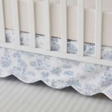 Brandream French Country Toile Crib Skirt, Baby Girl Gender Neutral Crib Skirt Scalloped Toddler Bedskirt Vintage Blue Toile Floral Print 100% Cotton Farmhouse Chic Nursery Crib Bed Skirt