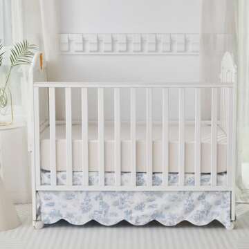 Brandream French Country Toile Crib Skirt, Baby Girl Gender Neutral Crib Skirt Scalloped Toddler Bedskirt Vintage Blue Toile Floral Print 100% Cotton Farmhouse Chic Nursery Crib Bed Skirt