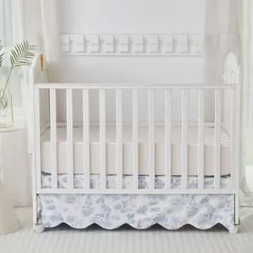 Brandream French Country Toile Crib Skirt, Baby Girl Gender Neutral Crib Skirt Scalloped Toddler Bedskirt Vintage Blue Toile Floral Print 100% Cotton Farmhouse Chic Nursery Crib Bed Skirt