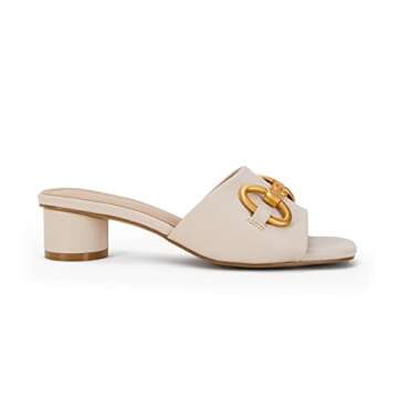 Coutgo Women's Slide Sandals Square Open Toe Slip on Comfortable Mules Block Low Heel Metal Chain Dressy Shoes,Beige Grey,Size 8.5