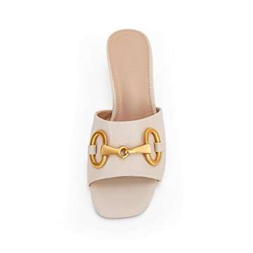 Coutgo Women's Slide Sandals Square Open Toe Slip on Comfortable Mules Block Low Heel Metal Chain Dressy Shoes,Beige Grey,Size 8.5