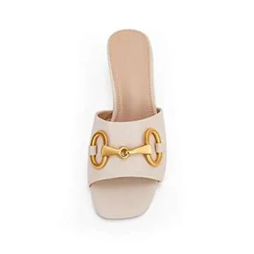 Coutgo Women's Slide Sandals Square Open Toe Slip on Comfortable Mules Block Low Heel Metal Chain Dressy Shoes,Beige Grey,Size 8.5