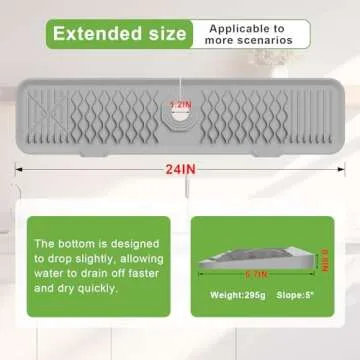 MHYALUDO Kitchen Sink Splash Guard, 24 inches 5°Slope 100% Food Grade Silicone Sink Faucet Mat Handle Drip Catcher Tray, Faucet Air Drying Mat for sink accessories 5 by 24inch long organizer- Grey
