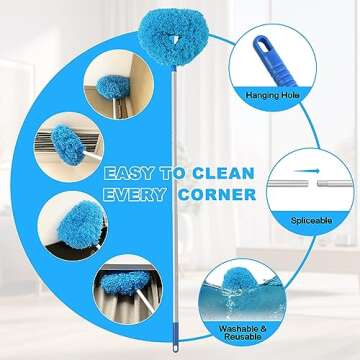 Ceiling Fan Cleaner Duster Reusable Microfiber Ceiling Fan Blade Cleaner Removable Duster with Extension Pole Adjusts 13 to 49.7 Inch for Cleaning Walls Bookshelves Furniture Door Window Top (Blue)