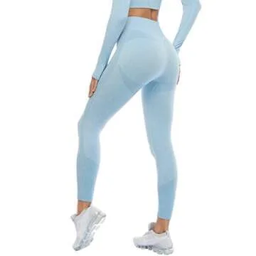 Seamless Workout Sets for Women 2 Piece Long Sleeve Crop Tops and High Waisted Leggings for Women Tracksuit Set (8003M-Sky blue)