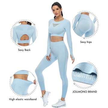 Seamless Workout Sets for Women 2 Piece Long Sleeve Crop Tops and High Waisted Leggings for Women Tracksuit Set (8003M-Sky blue)