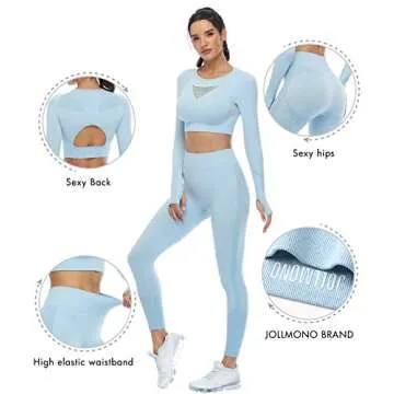 Seamless Workout Sets for Women 2 Piece Long Sleeve Crop Tops and High Waisted Leggings for Women Tracksuit Set (8003M-Sky blue)