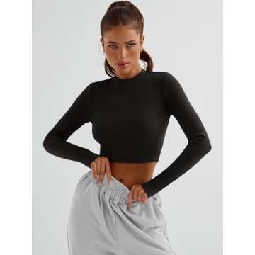 Trendy Queen Womens Long Sleeve Crop Tops Basic Ribbed Slim Fitted Shirts Casual Fall Fashion Y2k Teen Girl Clothes Black M