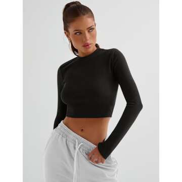 Trendy Queen Womens Long Sleeve Crop Tops Basic Ribbed Slim Fitted Shirts Casual Fall Fashion Y2k Teen Girl Clothes Black M