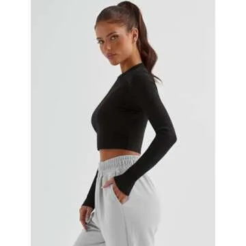 Trendy Queen Womens Long Sleeve Crop Tops Basic Ribbed Slim Fitted Shirts Casual Fall Fashion Y2k Teen Girl Clothes Black M