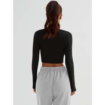 Trendy Queen Womens Long Sleeve Crop Tops Basic Ribbed Slim Fitted Shirts Casual Fall Fashion Y2k Teen Girl Clothes Black M