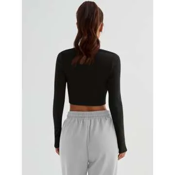 Trendy Queen Womens Long Sleeve Crop Tops Basic Ribbed Slim Fitted Shirts Casual Fall Fashion Y2k Teen Girl Clothes Black M