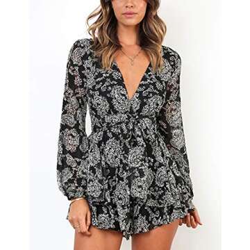 Relipop Women's Romper Floral Print V Neck Baggy Sleeve Waist Tie Layered Ruffle Hem Short Casual Su...