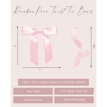 RainbowPana 60 Pack 3" Twist Tie Bows and 10ft Ribbon, Luxury Baby Pink Satin Ribbon Pretied Bows, Premade Craft Decoration for Package Cake Pop Favors Cookie, Gift Wrapping Baby Shower Wedding