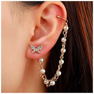 Allereyae Vintage Pearl Cuff Chain Earrings Gold Cz Butterfly Studs Earrings Dangle Pearl Chain Cart...