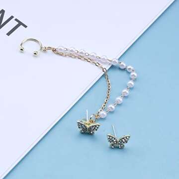Allereyae Vintage Pearl Cuff Chain Earrings Gold Cz Butterfly Studs Earrings Dangle Pearl Chain Cartilage Earrings Helix Cuff Chain Earrings Long Helix to Lobe Chain Earrings Jewelry
