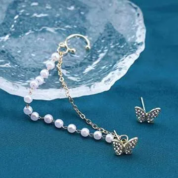 Allereyae Vintage Pearl Cuff Chain Earrings Gold Cz Butterfly Studs Earrings Dangle Pearl Chain Cartilage Earrings Helix Cuff Chain Earrings Long Helix to Lobe Chain Earrings Jewelry