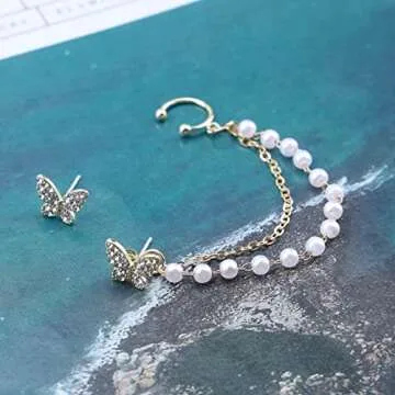 Allereyae Vintage Pearl Cuff Chain Earrings Gold Cz Butterfly Studs Earrings Dangle Pearl Chain Cartilage Earrings Helix Cuff Chain Earrings Long Helix to Lobe Chain Earrings Jewelry