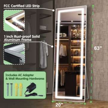 FENNIO Full Length Mirror with Lights, LED Full Body Mirror, Free Standing Lighted Floor Mirror, Wall Mounted Hanging Mirror with Lights for Bedroom, Dimmable & 3 Color Lighting (Silver, 63" x 16")