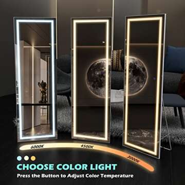 FENNIO Full Length Mirror with Lights, LED Full Body Mirror, Free Standing Lighted Floor Mirror, Wall Mounted Hanging Mirror with Lights for Bedroom, Dimmable & 3 Color Lighting (Silver, 63" x 16")