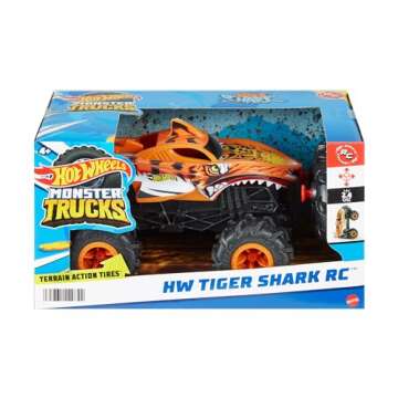 Hot Wheels Monster Trucks RC, 1:24 Scale Tiger Shark Vehicle, Oversized Remote-Control Toy Truck with Terrain Action Tires