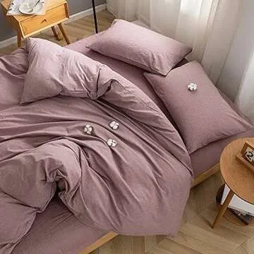 FACE TWO FACE Bedding Duvet Cover Set 3 Pieces 100% Washed Cotton Duvet Cover Linen Like Textured Breathable Durable Soft Comfy (Queen, Purple Bean Paste)
