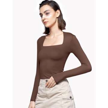 PUMIEY Long Sleeve Shirts for Women Dupes T Shirts Womens Fashion Going Out Tops Fall Outfits Brown Basic Tee, Chocolate, Small